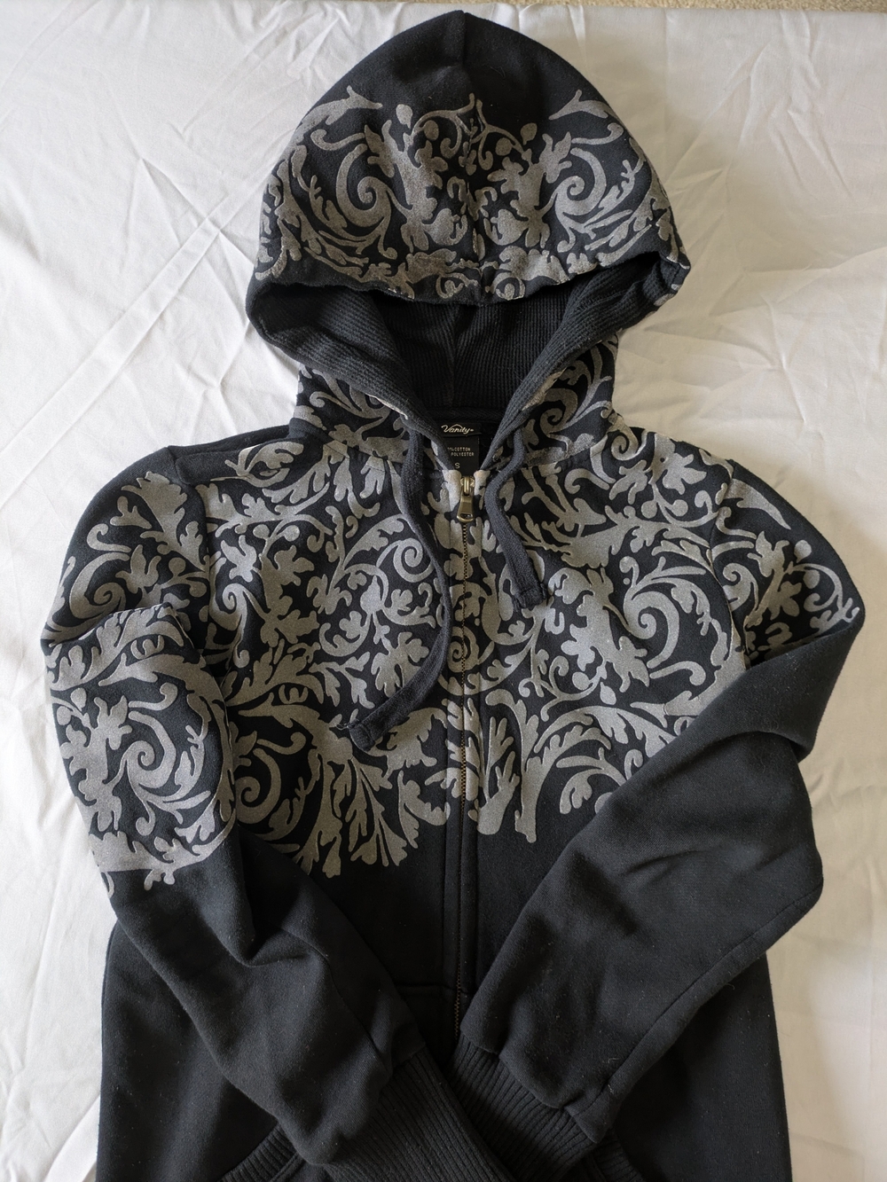 VTG Vanity Y2K Full Zip Hoodie Small Black Silver Damask Scroll Flock Graphic